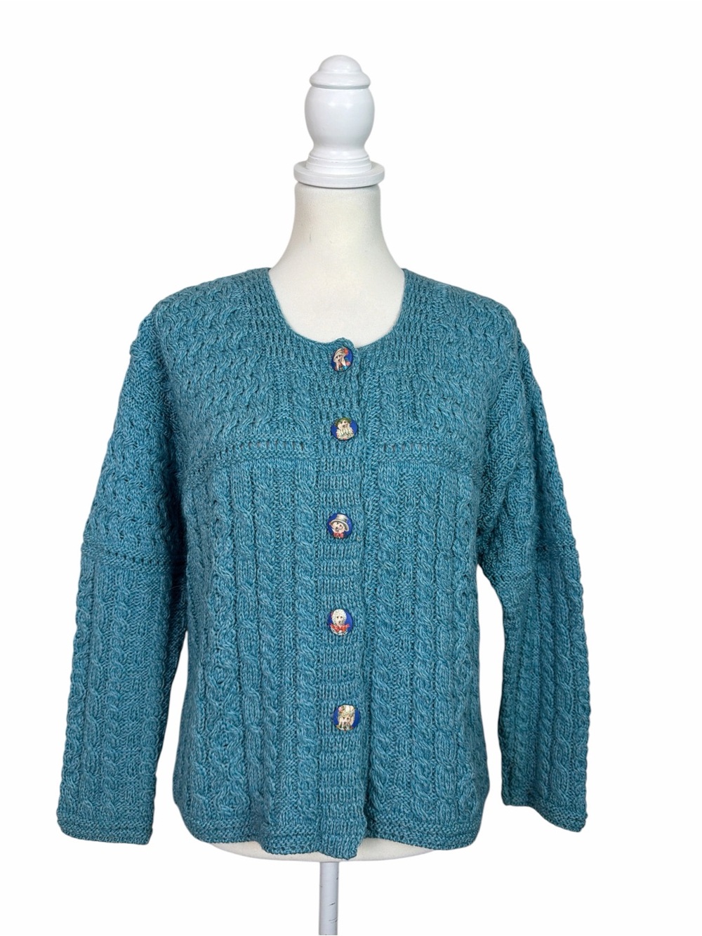 Carraig Donn Ireland Women’s Medium Blue Merino Wool Aran Cardigan Dog Buttons
